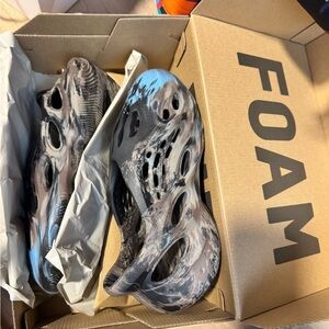 Yeezy Foam Runners in Black Gray Brown with Blue Accents